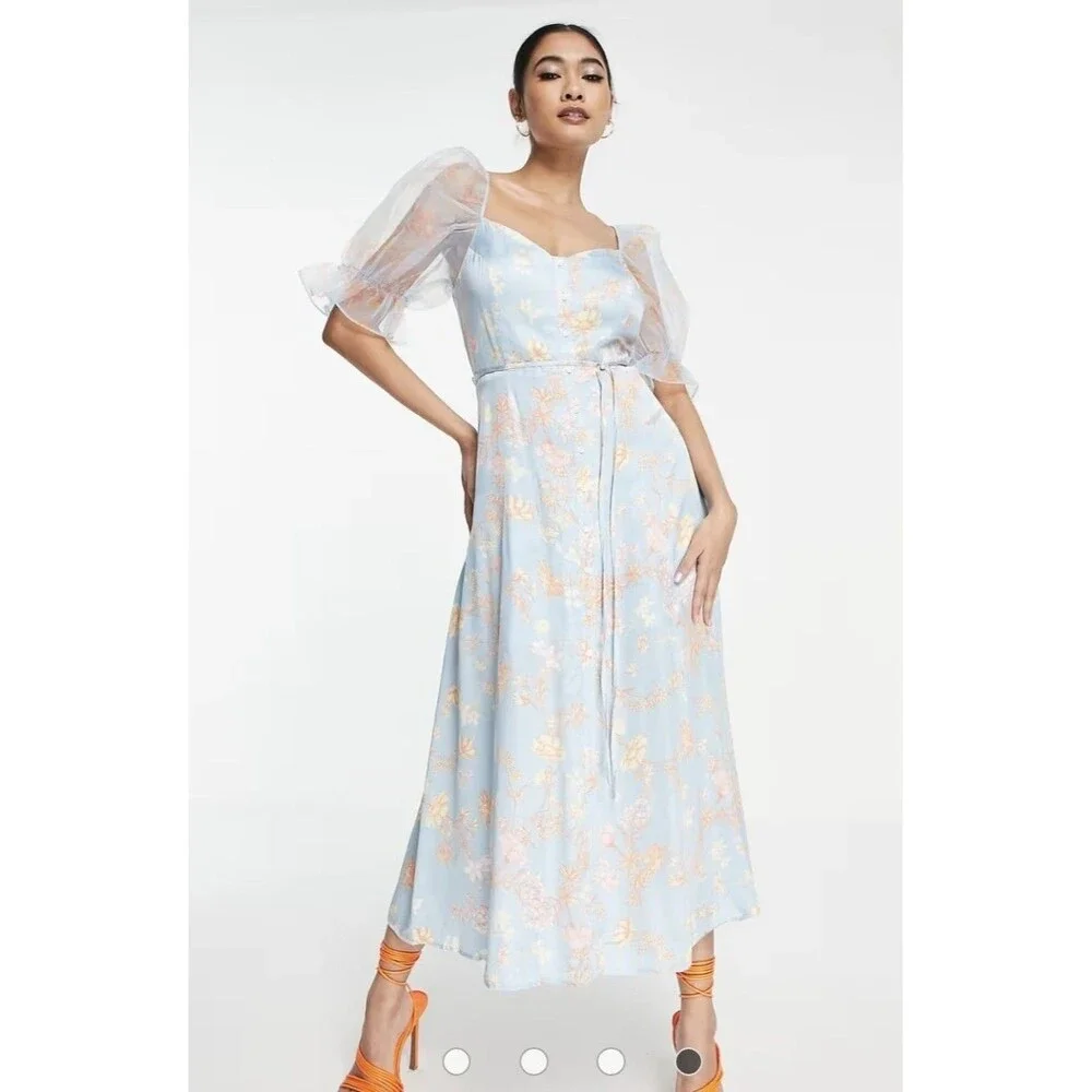 French connection Diana drape forget me not puff sleeve midi Fairy dress Size 10